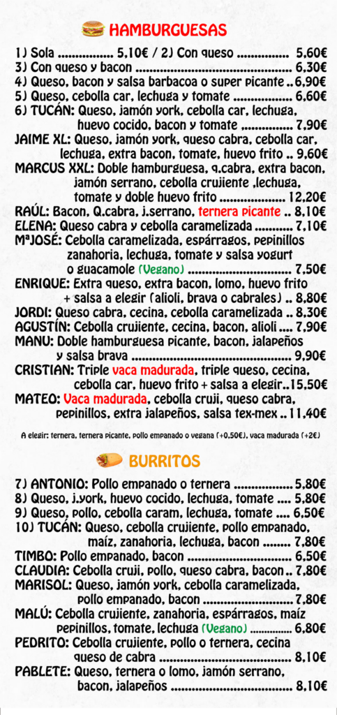 Nueva Carta 2026 Tucán Hamburguesería Unquera